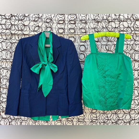 Vintage 80s Mary Kay Navy Blue Green Blazer Slinky Blouse and Tank Set 2P - Picture 1 of 14